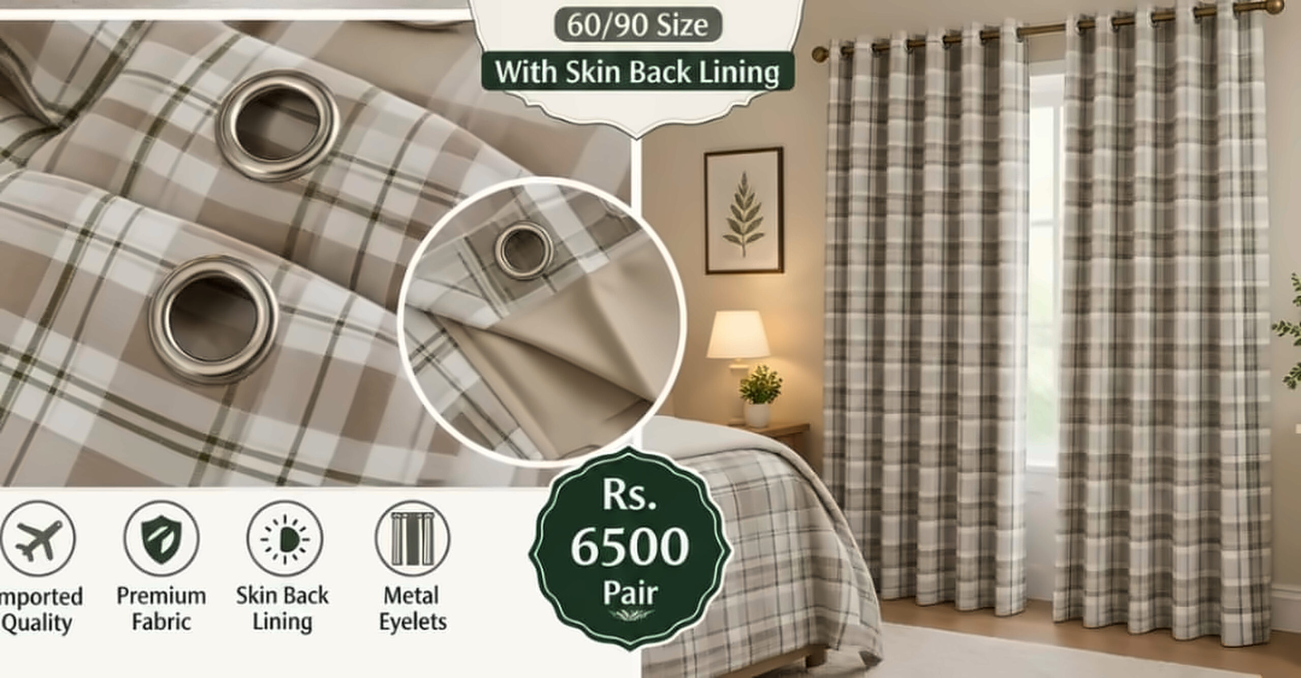Imported Check Curtain - Warm Sand, 60x90 (Pair)